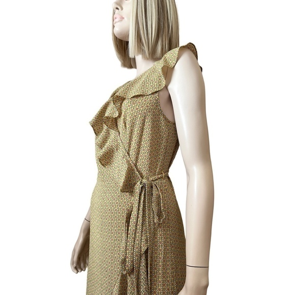 MAX STUDIO Ruffle Wrap Dress Midi Flutter Neckline Flowy Flounce Hem Hi-Low - Picture 9 of 16